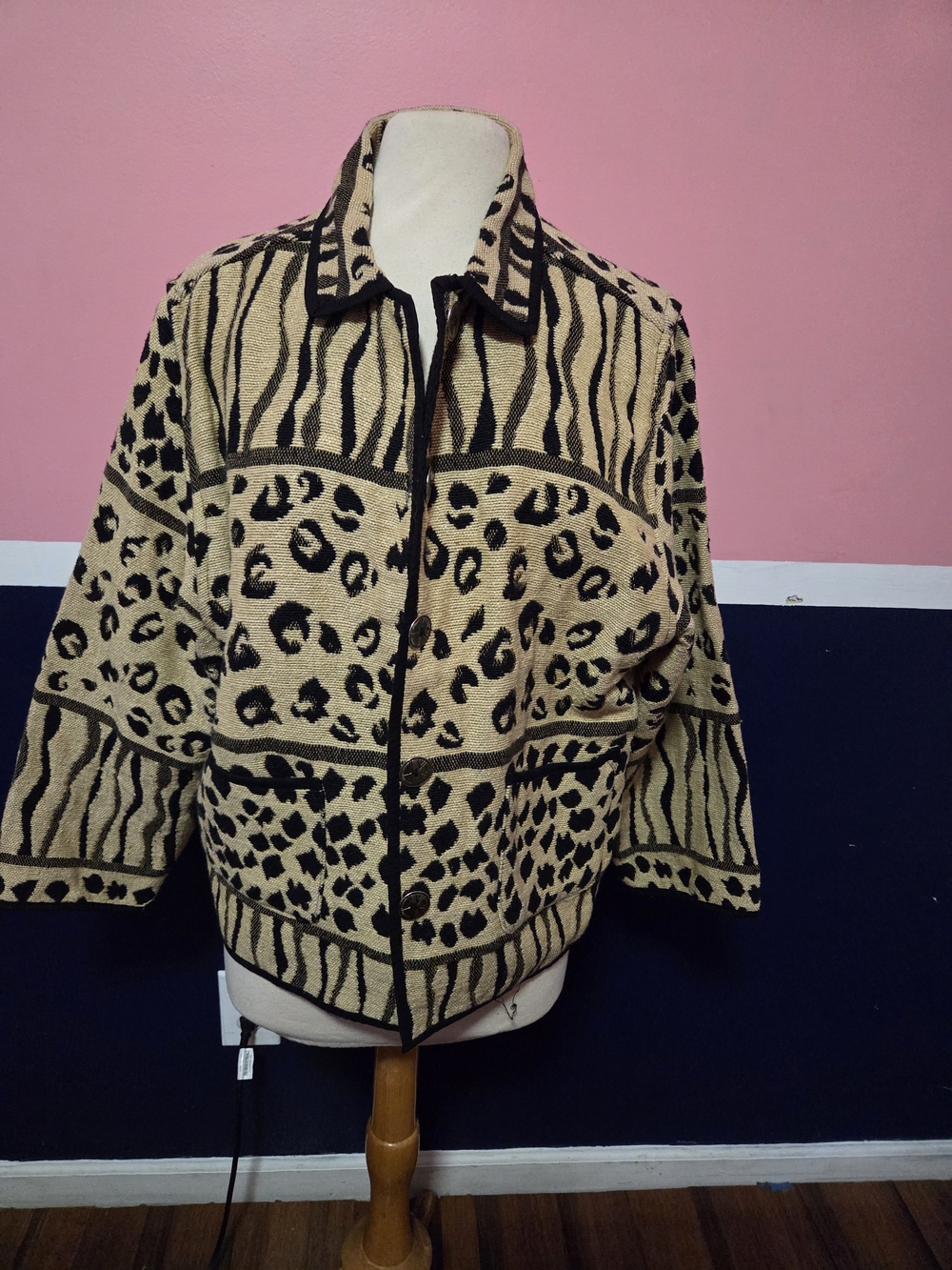 Jane Ashley Beige and Black Animal-Print Teddy Jacket